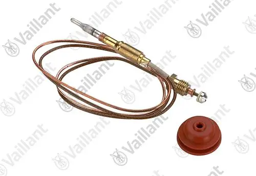 Vaillant Thermoelement mit einer Kupferleitung und einer roten Gummidichtung, zur Temperaturüberwachung in Heizsystemen. Werkzeug zur Installation oder Reparatur.